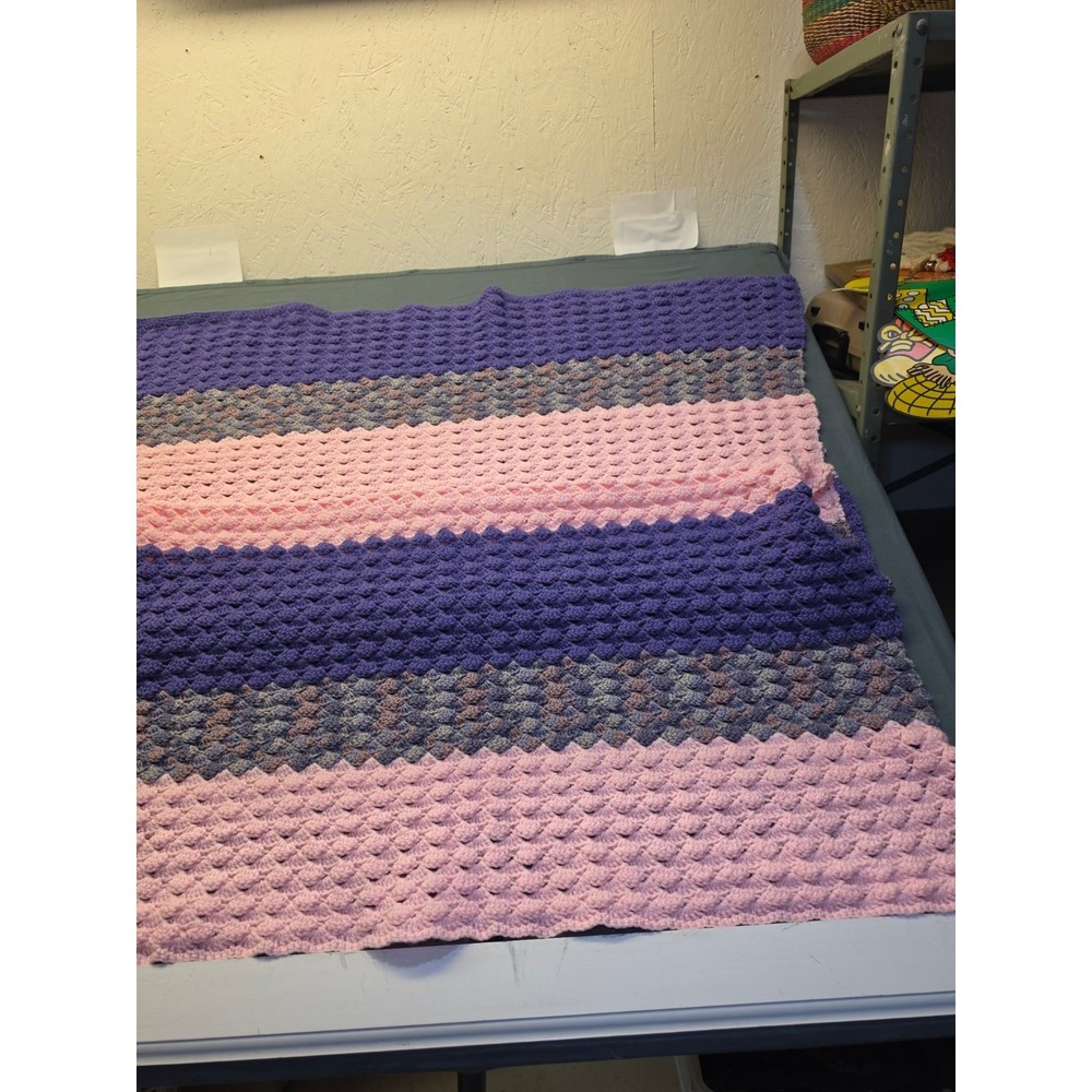 Handmade Crochet Afghan Blanket Purple Pink Striped 39x58 Throw
